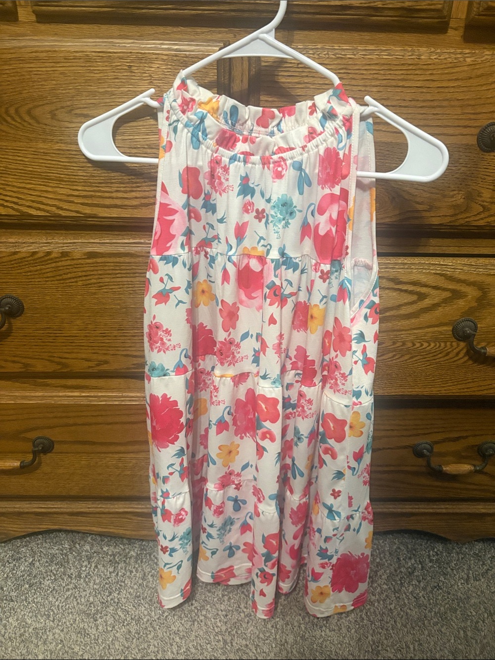 White Floral Halter Tank Top with Pink & Yellow Accents